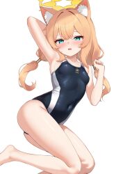 1girl alternate_costume animal_ear_fluff animal_ears arm_behind_head armpits barefoot black_one-piece_swimsuit blue_archive breasts commentary_request competition_school_swimsuit full_body halo highres long_hair looking_at_viewer low_twintails mari_(blue_archive) one-piece_swimsuit orange_hair school_swimsuit small_breasts solo swimsuit trinity_general_school_swimsuit twintails white_background yellow_halo zarashi