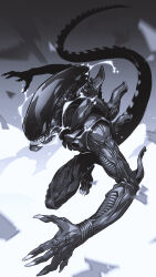 1other absurdres alien alien_(series) claws clenched_teeth commentary_request crack greyscale highres monochrome no_humans onion_maru saliva see-through_clothes shattered solo spikes tail teeth tube xenomorph