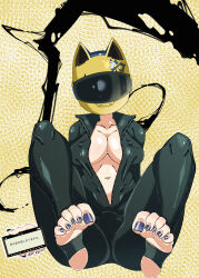 1girl absurdres barefoot breasts celty_sturluson durarara!! feet helmet highres motorcycle_helmet open_clothes shun_zhi_yuanwei_no_pangci soles stirrup_legwear toeless_legwear toes translated