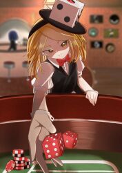 2others absurdres blonde_hair blurry blurry_background bow bowtie casino closed_mouth commentary dice hat highres im_mo indoors len&#039;en looking_at_viewer multiple_others red_bow red_bowtie short_hair short_sleeves smile solo_focus stool wrist_cuffs xeno_a yellow_eyes