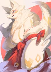 1girl 3gs animal_ears animal_nose bare_shoulders bell black_sclera blue_eyes blush body_fur breasts chromatic_aberration closed_mouth colored_sclera covered_erect_nipples detached_sleeves facial_mark female_focus fox_ears fox_girl fox_tail from_side furry furry_female glowing glowing_eyes gold_trim hakama highres japanese_clothes jingle_bell kimono looking_at_viewer mature_female multiple_tails neck_fur nontraditional_miko original red_background red_hakama ribbon-trimmed_sleeves ribbon_trim sideboob sleeveless sleeveless_kimono sleeves_past_fingers sleeves_past_wrists smoke snout solo standing tail tail_raised two-tone_background two_tails white_kimono wide_sleeves