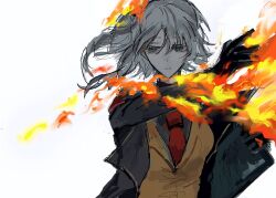 Rule 34 | 1girl, aegyo sal, black coat, black gloves, blue eyes, burning, coat, faust (project moon), fire, gloves, hair flowing over, highres, kanakaein29903, lce (identity) (project moon), limbus company, medium hair, necktie, outstretched hand, project moon, red necktie, smile, solo, upper body, vest, white background, white hair, yellow vest
