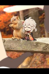 1boy 1girl :3 ^_^ absurdres acorn ahoge armor autumn black_footwear black_gloves black_scarf blurry blurry_background blush bow branch brown_bow chibi closed_eyes closed_mouth commentary_request crossed_bangs eating finger_frame food food_on_face genshin_impact gloves hair_between_eyes hakama hakama_shorts highres holding holding_food japanese_armor japanese_clothes kaedehara_kazuha korean_commentary leaf_print letterboxed long_sleeves low_ponytail lumine_(genshin_impact) maple_leaf_print medium_hair mini_person miniboy multicolored_hair notice_lines ooyun partially_fingerless_gloves photo_background ponytail pov pov_hands red_hair red_scarf sandals scarf shorts shoulder_armor sidelocks sitting sode solo_focus squirrel streaked_hair tree white_hair wide_sleeves