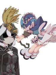 1boy 1girl apron black_cape black_hair black_jacket bloomers blue_hair breasts broom cape child closed_mouth full_body hair_between_eyes highres holding holding_broom jacket large_breasts long_sleeves looking_at_another made_in_abyss maid maid_headdress maruruk medium_breasts multicolored_hair ozen pouch puffy_short_sleeves puffy_sleeves shaded_face shoes short_hair short_sleeves simple_background standing trap two-tone_hair underwear whistle whistle_around_neck white_background white_bloomers white_hair white_shoes ximu_shilang