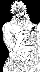1boy 1girl blood blood_in_mouth blood_on_face breasts corpse dio_brando greyscale highres jojo_no_kimyou_na_bouken monochrome mullet nitako sideboob stardust_crusaders topless_female vampire