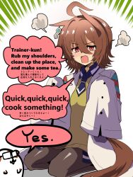 1girl absurdres agnes_tachyon_(umamusume) ahoge animal_ears bilingual_text brown_hair brown_pantyhose coat commentary_request earrings empty_eyes english_text glasses hair_between_eyes hamster highres horse_ears horse_girl horse_tail jewelry lab_coat long_sleeves medium_hair mixed-language_text multilingual_text necktie open_clothes open_coat open_mouth pantyhose puff_of_air red_eyes short_necktie single_earring sitting sleeves_past_fingers sleeves_past_wrists solo_focus sweater tail tobiuo_(62masa62) umamusume v-shaped_eyebrows very_long_sleeves yellow_sweater