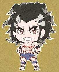 1boy abs absurdres ankleband arm_tattoo armband barefoot black_armband black_hair blue_fundoshi brown_eyes chest_tattoo chibi derutta fangs fundoshi grey_hair hands_on_own_hips highres japanese_clothes kneeband looking_at_viewer male_focus multicolored_hair muscular muscular_male pectorals ponytail raiden_tameemon_(shuumatsu_no_valkyrie) shirtless_male short_hair shuumatsu_no_valkyrie sideways_glance smile standing streaked_hair sumo tattoo teeth toned toned_male topknot topless_female two-tone_hair wristband yellow_background