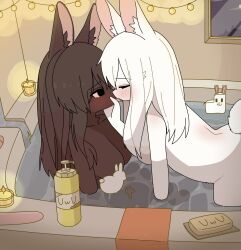 2girls animal_ears blush breasts brown_hair candle closed_eyes commentary furry furry_female furry_with_furry highres imminent_kiss indoors large_breasts long_hair mike_no_hito multiple_girls open_mouth original rabbit_ears rabbit_girl rabbit_tail same-sex_bathing shared_bathing symbol-only_commentary tail water white_hair yuri