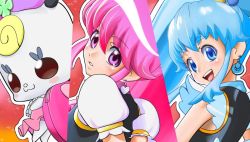 1other 2girls aino_megumi back backpack bag blue_eyes blue_hair blush choker cure_lovely cure_princess earrings glasses hair_ornament happinesscharge_precure! heart heart_earrings heart_hair_ornament jewelry long_hair looking_at_viewer looking_back magical_girl multiple_girls pink_eyes pink_hair ponytail precure puffy_short_sleeves puffy_sleeves ribbon_(happinesscharge_precure!) seotaku_(kyokkou) shirayuki_hime shirt short_sleeves smile twintails upper_body vest wide_ponytail wing_earrings
