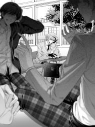3boys aotsuki_eito bag blurry blurry_foreground chair closed_mouth collared_shirt desk faceless faceless_male glasses gloves greyscale hand_on_own_cheek hand_on_own_face highres indoors long_sleeves male_focus mizunana_(mizuasagi) monochrome multiple_boys necktie open_mouth pants plaid_clothes plaid_pants school_desk shirt sitting solo_focus sweater the_hundred_line_-last_defense_academy-