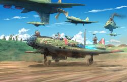 absurdres aircraft airplane airship aoi_waffle battleship bomb check_commentary coat commentary_request dieselpunk explosive fighter_jet fighter_plane fur-trimmed_coat fur_trim glass_cockpit highres landing_gear military military_vehicle multiple_boys open_cockpit pilot propeller propeller_fighter runway rusty_front ship ship_turret smoke takeoff warship watercraft