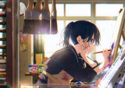 1girl apron black_hair black_sailor_collar black_shirt blue_eyes chromatic_aberration closed_mouth curtains eshi_100_nin_ten expressionless from_side hair_between_eyes highres holding holding_paintbrush indoors lens_flare long_hair long_sleeves mamyouda paint_can paintbrush painting_(action) ponytail profile sailor_collar scan shirt sidelocks solo sweat third-party_source upper_body window yellow_apron