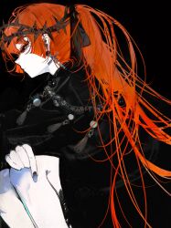 1girl black_background black_eyes black_jacket black_ribbon blue_nails commentary earrings english_commentary hair_ribbon highres jacket jewelry john_kafka long_hair mole mole_under_eye original ponytail red_hair ribbon solo thorns