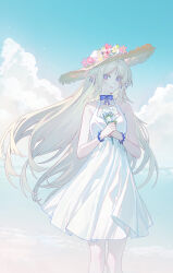 1girl absurdres alternate_costume bare_shoulders blonde_hair blue_eyes blue_sky breasts cartethyia_(wuthering_waves) chinese_commentary cloud cloudy_sky commentary_request cowboy_shot day dress earrings echj flower hat hat_flower highres holding holding_flower jewelry long_hair looking_at_viewer medium_breasts ocean outdoors parted_lips pointy_ears shore sidelocks sky solo straw_hat tacet_mark_(wuthering_waves) very_long_hair white_dress wuthering_waves