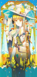 absurdres adjusting_clothes adjusting_headwear arknights artist_name brown_hair commentary dated elf from_side hat highres holding holding_staff laurel_crown light_smile looking_at_viewer looking_to_the_side lyuqiu mole mole_under_eye muelsyse_(arknights) orange_eyes pointy_ears signature staff white_hat