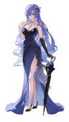 1girl absurdres alternate_costume bare_shoulders black_gloves black_shoes black_umbrella blue_eyes blue_flower breasts cantarella_(wuthering_waves) cleavage closed_mouth closed_umbrella commentary dress elbow_gloves facial_mark flower full_body gloves hair_between_eyes hair_flower hair_ornament hand_up hashtag-only_commentary high_heels highres large_breasts long_dress long_hair looking_at_viewer mark_under_eye myumyu431 purple_dress purple_hair shoes side_slit simple_background single_elbow_glove smile solo umbrella very_long_hair white_background wuthering_waves
