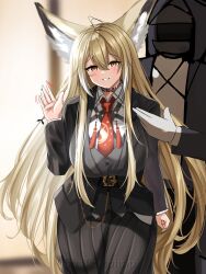 1girl 1other :d ahoge animal_ears arknights arm_at_side black_jacket black_skirt blonde_hair blush collared_shirt cowboy_shot doctor_(arknights) facial_scar gloves grey_gloves grin hair_between_eyes highres hood hood_up hooded_jacket jacket long_hair long_sleeves looking_at_viewer motion_lines multicolored_hair necktie open_mouth phap2000 pleated_skirt red_necktie scar scar_on_cheek scar_on_face shirt skirt smile standing streaked_hair tassel twitter_username very_long_hair vulpisfoglia_(arknights) watermark waving white_hair white_shirt yellow_eyes