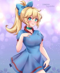 1girl ahoge blonde_hair blue_background blue_bow blue_dress blue_eyes blush bow breasts bubble_background choker collarbone dress floral_background hair_bow hand_on_own_chest light_particles long_hair looking_at_viewer medium_breasts original ponytail puffy_sleeves short_sleeves smile standing sugarbell