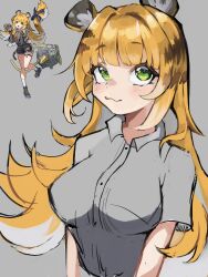 1girl absurdres animal_ear_fluff animal_ears blonde_hair breasts colored_inner_hair furry ghoulmommie green_eyes highres ju_fufu large_breasts long_hair looking_at_viewer multicolored_hair official_art_inset shirt simple_background solo tail tiger_ears tiger_girl wet white_hair zenless_zone_zero