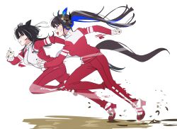 Rule 34 | animal ears, black hair, black nails, blue hair, grey hair, highres, hololive, hololive english, horse ears, horse girl, horse tail, jacket, long hair, multicolored hair, nerissa ravencroft, pants, red eyes, red jacket, red pants, red track suit, running, shiori novella, tail, tracen training uniform, track jacket, track pants, track suit, two-tone hair, umamusume, virtual youtuber, yellow eyes, yomosaka