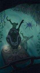 absurdres alien bandaged_arm bandaged_leg bandages broken_horn candle carolkinopf highres horns nature outer_wilds raft reflection river the_prisoner_(outer_wilds) water