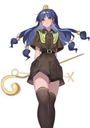 1girl absurdres ailu_elf arms_behind_back belt belt_buckle black_belt black_thighhighs blue_eyes blue_hair blunt_bangs brown_shirt brown_shorts buckle buttons closed_mouth collared_shirt commentary_request earrings facial_mark facial_tattoo feet_out_of_frame from_below gold gold_buckle gold_earrings hair_bobbles hair_ornament headpiece highres holding holding_polearm holding_scepter holding_weapon jewelry key key_earrings long_hair looking_at_viewer michigami_nareko open_mouth partial_commentary pocket polearm scepter shirt shorts simple_background skindentation smile solo staff standing tattoo thighhighs touhou triangle triangle_facial_mark weapon white_background