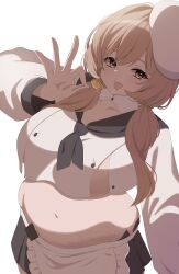 1girl absurdres apron ascot beret bow bready_(nikke) breasts brown_eyes brown_hair candy crop_top fellatio_gesture food goddess_of_victory:_nikke hair_bow hair_over_shoulder hat highres holding_candy holding_food holding_lollipop large_breasts licking_lollipop lollipop long_hair low_twintails madrawing midriff navel plump saliva saliva_trail sideboob skirt solo tongue tongue_out twintails white_background white_hat wide_hips