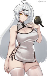 1girl absurdres alternate_costume arm_at_side bird breasts cameltoe china_dress chinese_clothes closed_mouth clothing_cutout commentary cowboy_shot dress english_commentary hand_up highres hioyami large_breasts long_hair looking_at_viewer mole mole_on_breast paid_reward_available panties pussy see-through_clothes see-through_panties simple_background solo thighhighs underwear white_background white_dress white_hair white_thighhighs yellow_eyes yi_xuan_(zenless_zone_zero) zenless_zone_zero