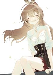 1girl :d ahoge bare_legs belt brown_corset brown_hair cleavage_cutout closed_eyes clothing_cutout corset eliora202 falling_leaves feather_hair_ornament feathers hair_lift hair_ornament hairclip highres hololive hololive_english leaf long_hair multicolored_hair nanashi_mumei nanashi_mumei_(1st_costume) open_mouth pleated_skirt ponytail red_skirt shirt sitting skirt smile streaked_hair teeth upper_teeth_only very_long_hair virtual_youtuber white_background white_shirt