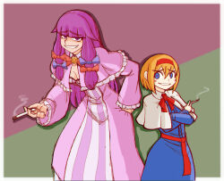 2girls alice_margatroid blonde_hair blue_bow blue_dress blue_eyes blunt_bangs bow capelet cigarette collared_capelet commentary_request cookie_(touhou) cowboy_shot dress dual_persona green_background grin hair_bow hairband holding holding_cigarette long_hair long_sleeves multiple_girls multiple_hair_bows patchouli_knowledge purple_background purple_dress purple_eyes purple_hair pyukasshori red_bow red_hairband sharp_teeth short_hair smile smoking striped_clothes striped_dress taisa_(cookie) teeth touhou two-tone_background vertical-striped_clothes vertical-striped_dress white_capelet
