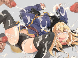 1girl black_panties black_thighhighs breasts bukkake covered_erect_nipples cum cum_on_body cum_on_clothes cum_on_hair cum_on_legs death decapitation ero_guro facial feet_out_of_frame goeniko guro habit highres huge_nipples jewelry large_breasts long_sleeves m_legs male_masturbation masturbation necklace no_pants panties peeing peeing_self penis severed_head spread_legs tearing_up the_king_of_fighters the_king_of_fighters_&#039;96 thighhighs tongue tongue_out uchiko_onigiri underwear