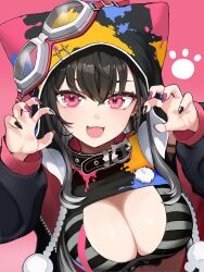 1girl :d animal_collar animal_ear_hood belt bikini black_belt black_bikini black_collar black_hair black_jacket black_nails breasts claw_pose cleavage collar cosplay ear_chain ear_piercing fake_animal_ears fang goggles goggles_on_head gradient_hair grey_bikini grey_hair hair_between_eyes highres hood jacket kuroha_arya large_breasts linked_piercing long_hair long_sleeves looking_at_viewer multicolored_hair multicolored_nails nail_art nekota_tsuna nekota_tsuna_(1st_costume) nekota_tsuna_(cosplay) open_mouth paint_splatter piercing pink_eyes pink_nails purple_nails qckvolley red_jacket shrug_(clothing) skin_fang smile solo striped_bikini striped_clothes swimsuit two-tone_hair virtual_youtuber vspo! vspo!_en