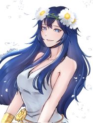 1girl bare_shoulders blue_eyes blue_hair bracelet collarbone dress fire_emblem fire_emblem_awakening fire_emblem_heroes flower hair_flower hair_ornament highres jewelry long_hair looking_at_viewer lucina_(fire_emblem) lucina_(valentine)_(fire_emblem) nintendo official_alternate_costume petals sleeveless sleeveless_dress smile symbol_in_eye twitter_username upper_body white_background white_dress yumikari07