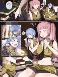 3girls ass asymmetrical_docking black_bra black_shorts blonde_hair blue_hair blush book bra braid breast_press breasts brown_eyes cleavage closed_eyes closed_mouth crown_braid fire_emblem fire_emblem:_three_houses garreg_mach_monastery_uniform heart heart_o-ring highres hilda_valentine_goneril holding holding_bra holding_underwear holding_unworn_clothes ingrid_brandl_galatea long_hair long_sleeves marianne_von_edmund medium_breasts midriff multiple_girls navel nenemu0 nintendo o-ring open_mouth pink_eyes pink_hair shirt short_hair shorts skirt sleeveless steaming_body stomach twintails underwear weapon white_shirt yellow_shirt yellow_shorts yuri