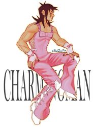 1boy absurdres atalajoestar bell-bottoms black_hair black_lips black_nails bow character_name charming_man commentary english_commentary facial_mark fingerless_gloves from_side full_body gloves highres jojo_no_kimyou_na_bouken male_focus medium_hair muscular overalls pants pink_bow pink_overalls shoes solo the_jojolands white_background white_gloves white_shoes
