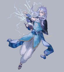 1boy arthur_(fire_emblem:_genealogy_of_the_holy_war) black_capelet blue_gloves blue_scarf blue_tunic book capelet casting_spell closed_mouth curtained_hair dutch_angle fingerless_gloves fire_emblem fire_emblem:_genealogy_of_the_holy_war floating_hair full_body gloves grey_background grey_scarf holding holding_book leg_up lightning long_hair magic male_focus nintendo open_book outstretched_arm pants parted_bangs purple_hair sandals scarf scarf_belt short_sleeves side_part simple_background smile solo striped_clothes striped_scarf tonton318831 tunic twitter_username v-shaped_eyebrows white_pants