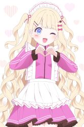 Rule 34 | 1girl, apron, blonde hair, blue eyes, bow, cowboy shot, drill hair, facial mark, frilled apron, frilled skirt, frills, hair bow, hair ribbon, heart, heart facial mark, highres, jacket, jersey maid, long hair, long sleeves, maid, maid headdress, one eye closed, open mouth, original, own hands together, pink bow, pink jacket, pink ribbon, pink skirt, ribbon, san nana, simple background, skirt, smile, solo, two side up, unconventional maid, very long hair, white apron, white background