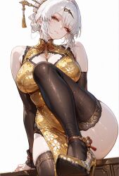 alternate_costume black_thighhighs breasts china_dress chinese_clothes chinese_hairpin cleavage_cutout clothing_cutout detached_sleeves dress gold_dress hair_ornament hairpin highres huge_breasts makeup narrow_waist non-web_source pelvic_curtain presenting_foot thick_thighs thighhighs thighs turtleneck white_hair yixuan_(zenless_zone_zero) zenless_zone_zero