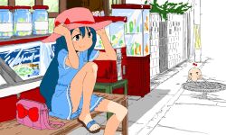 1girl aoyama_kotoha_(mitsuboshi_colors) bag blue_dress blue_hair blush cameo candy_jar closed_mouth cooler creature doseisan dress foot_out_of_frame gumball_machine handbag hat holding holding_unworn_clothes holding_unworn_hat knee_up long_hair looking_ahead manhole mitsuboshi_colors mother_(series) nintendo outdoors pink_hat sandals shade short_dress short_sleeves smile solo storefront sun_hat unworn_hat unworn_headwear utility_pole v-shaped_eyebrows yamamoto_yuusuke_(animator) yellow_eyes