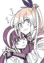 2girls blue_hair breasts double_bun frills hair_bun hair_ornament hair_stick harness heaven_burns_red highres hug kanzaki_adelheid large_breasts long_hair monochrome multiple_girls ponytail puffy_short_sleeves puffy_sleeves ribbon sanpachishiki_(gyokusai-jima) satsuki_mari short_sleeves twintails yuri