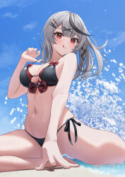 1girl :q absurdres bare_arms barefoot beach bikini black_bikini black_hair blue_sky braid breasts center-flap_bangs cleavage cloud commentary day double-parted_bangs front-tie_bikini_top front-tie_top grey_hair hair_ornament hairclip highres hololive large_breasts long_hair looking_at_viewer multicolored_hair navel nikahoshikuzu outdoors red_eyes sakamata_chloe side-tie_bikini_bottom side_braid sitting sky solo stomach strap_lift streaked_hair swimsuit tongue tongue_out virtual_youtuber x_hair_ornament