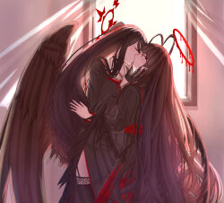 2girls black_gloves black_hair black_shirt black_skirt black_thighhighs blood blood_halo blue_archive closed_eyes commentary_request curtains feathered_wings garter_straps gloves halo hasumi_(blue_archive) indoors kiss liquid_halo long_hair long_sleeves looking_at_another low_wings multiple_girls neckerchief red_neckerchief school_uniform serafuku shirt skirt thighhighs triple_angle tsurugi_(blue_archive) wings yuri