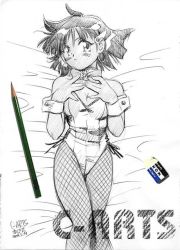1990s_(style) 1girl animal_ears bed bow bowtie dark-skinned_female dark_skin eraser fake_animal_ears female_focus fishnet_pantyhose fishnets fushigi_no_umi_no_nadia greyscale leotard maguta maguta_(c-arts) monochrome nadia_la_arwall pantyhose pencil playboy_bunny rabbit_ears retro_artstyle short_hair solo tombow_mono wooden_pencil wrist_cuffs