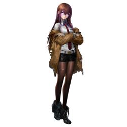 1girl belt belt_buckle black_boots black_pantyhose black_shorts blood boots breast_pocket bright_pupils brown_hair brown_jacket buckle can crossed_arms crossed_bangs full_body girls&#039;_frontline girls&#039;_frontline_neural_cloud hair_between_eyes highres holding holding_can jacket long_hair looking_at_viewer makise_kurisu necktie off_shoulder official_art one_eye_closed open_clothes open_jacket open_mouth pantyhose pantyhose_under_shorts pocket purple_blood purple_eyes red_necktie shirt shorts sidelocks simple_background solo standing steins;gate tachi-e torn_clothes transparent_background very_long_hair white_belt white_shirt