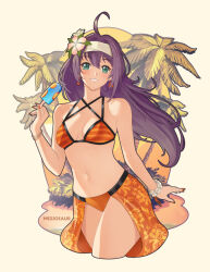 1girl bikini breasts fire_emblem fire_emblem:_path_of_radiance fire_emblem:_radiant_dawn flower food green_eyes grin hair_flower hair_ornament headband holding holding_food holding_popsicle long_hair looking_at_viewer meziosaur mia_(fire_emblem) navel nintendo orange_bikini orange_skirt palm_tree popsicle purple_hair skirt small_breasts smile solo swimsuit thick_thighs thighs tree white_headband