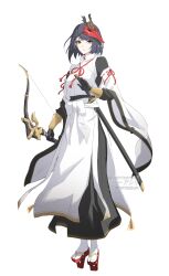 Rule 34 | 1girl, absurdres, adapted costume, asiri senpai, black hair, black skirt, bow (weapon), brown eyes, commission, full body, genshin impact, geta, highres, holding, holding bow (weapon), holding weapon, kujou sara, long sleeves, looking at viewer, mask, mask on head, sash, scabbard, sheath, sheathed, shirt, short hair, simple background, skirt, socks, solo, standing, sword, weapon, white background, white sash, white shirt, white skirt, white socks, wide sleeves