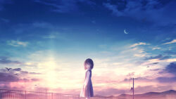 1girl amenomori_howa black_dress black_hair cloud commentary_request crescent_moon dress fence from_side highres long_sleeves looking_at_viewer moon original outdoors pinafore_dress pleated_dress power_lines scenery school_uniform shirt short_hair simple_bird sky sleeveless sleeveless_dress solo standing star_(sky) sun sunset utility_pole white_shirt wide_shot
