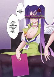 Rule 34 | 1girl, absurdres, anger vein, bad id, bad twitter id, blush, breasts, character request, choker, cleavage, clipboard, copyright request, english text, gradient hair, green skirt, hair ornament, hairclip, highres, holding, holding clipboard, lanyard, long hair, mamaprofennn, multicolored hair, pantyhose, patreon username, purple hair, shirt, skirt, sleeves rolled up, solo, speech bubble, spread legs, sweat, twintails, white choker, white shirt