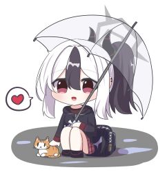 1girl absurdres black_bag black_hair black_hoodie black_horns blue_archive cat chaleu chibi commentary_request demon_horns ear_piercing hair_between_eyes halo heart highres holding holding_umbrella hood hoodie horns kayoko_(blue_archive) korean_commentary looking_at_viewer multicolored_hair open_mouth petting piercing red_eyes sidelocks solo spoken_heart squatting transparent transparent_umbrella two-tone_hair umbrella white_hair