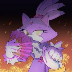 animal_ears artist_name blaze_the_cat cat_ears commentary eyelashes forehead_jewel furry furry_female gabs_sam gloves hand_fan holding holding_fan holding_hands pov purple_fur signature silver_the_hedgehog sonic_(series) spanish_commentary white_gloves